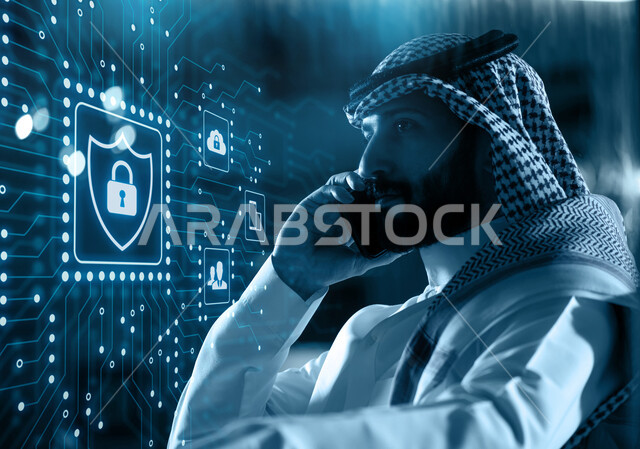 رجل اعمال عربي خليجي سعودي يقوم باجراء مكالمة هاتفية، ايقونات ورموز شبكية، الذكاء الاصطناعي وتكنولوجيا المستقبل، تطور التكنولوجيا الرقمية، شريحة الكترنية شبكية