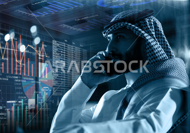 Saving and saving money, a Saudi Arabian Gulf businessman making a phone call, the stock market chart, discussing growth and financial profits, business management and investment