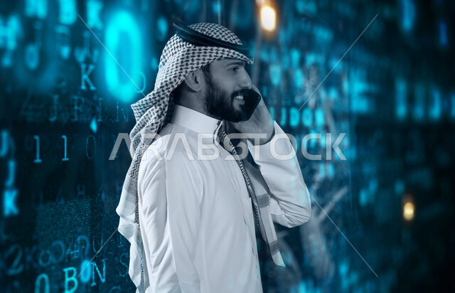 Background of 3D holograms of digital data, a Saudi Arabian Gulf businessman making a phone call, artificial intelligence and future technology, the development of digital technology, programming language codes and algorithms