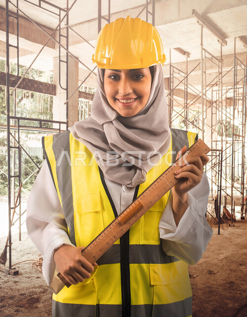 الاشراف على العمل، ارتداء خوذة وسترة الحماية الخاصة بالعمل، مهندسة معمارية خليجية عربية سعودية تمسك بيدها مسطرة هندسية خشبية، العمل في موقع البناء