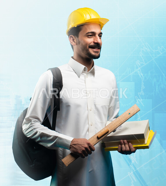 طالب هندسة عربي خليجي سعودي يرتدي حقيبة الظهر ويحمل مسطرة وكتب جامعية، ايماءات وجه ويدين تدل على السعادة، مراجعة الدروس اليومية، خلفية هولوجرامية ثلاثية الابعاد لرسومات واشكال هندسية، التعليم الجامعي في السعودية