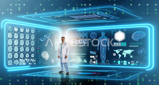Diagnosing medical conditions, a Saudi Arabian Gulf doctor using technology in medical analyzes and examinations, conducting advanced genetic research, a 3D hologram background for DNA research