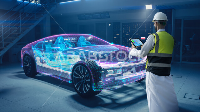 مهندس الكترونيات سيارات عربي سعودي خليجي يرتدي سترة صفراء وقبعة الحماية ويحمل بيده جهاز التابليت، سيارة الكترونية كهربائية حديثة، استخدام تقنيات حديثة، مفهوم هندسة الكترونيات السيارات، مهن ووظائف سعودية