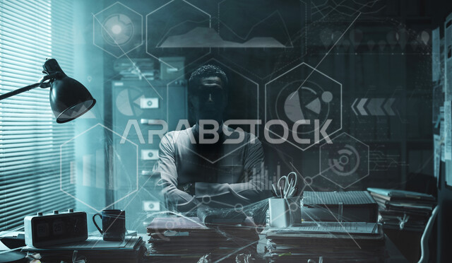 Wearing a wristwatch, an Arab, Saudi, Gulf man sitting in front of the office with crossed hands, gestures of face and hands indicating confidence, a group of icons using 3D hologram technology, sunlight entering through the window, office room