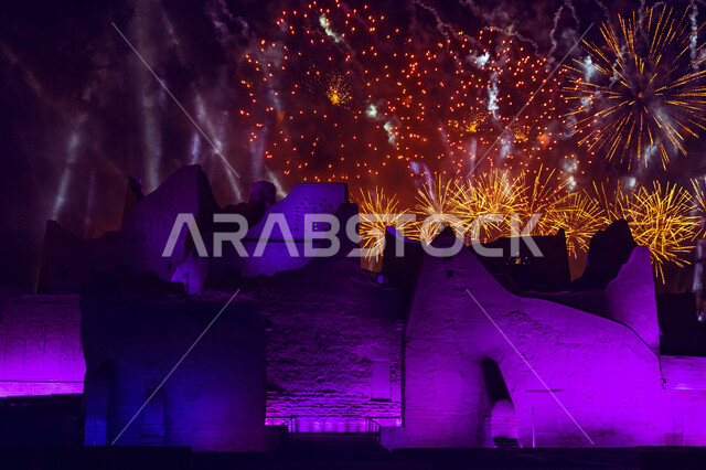 Fireworks at night, the ancient walls of Diriyah, celebrations and festivals in Riyadh in the Kingdom of Saudi Arabia, the opening ceremony of Al-Bujairi National Park and Heritage Park in Diriyah, the historical Diriyah development project, famous archae