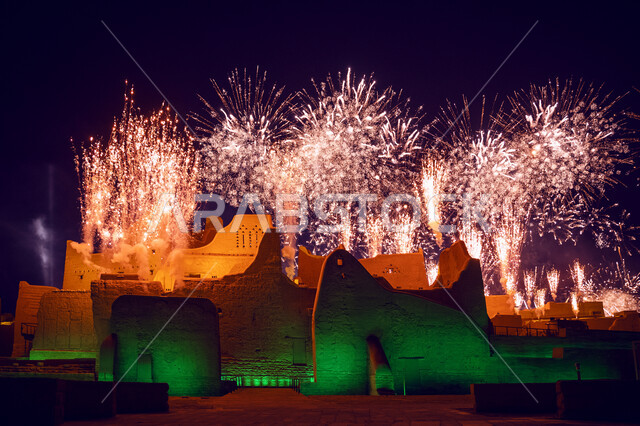 Fireworks at night, the ancient walls of Diriyah, celebrations and festivals in Riyadh in the Kingdom of Saudi Arabia, the opening ceremony of Al-Bujairi National Park and Heritage Park in Diriyah, the historical Diriyah development project, famous archae