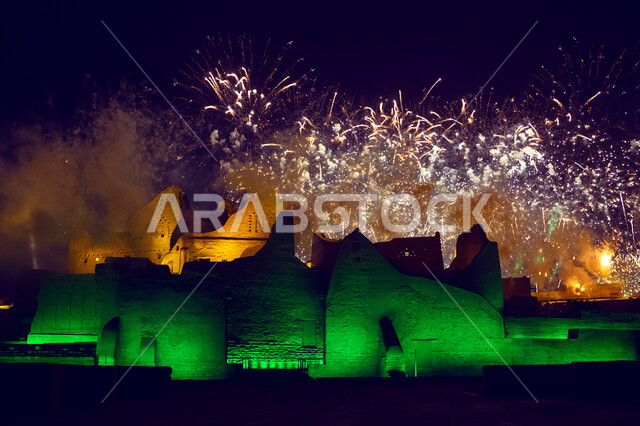 Fireworks at night, the ancient walls of Diriyah, celebrations and festivals in Riyadh in the Kingdom of Saudi Arabia, the opening ceremony of Al-Bujairi National Park and Heritage Park in Diriyah, the historical Diriyah development project, famous archae