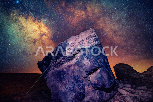 حافة نهاية العالم، الطبيعة الجبلية في المناطق الصحراوية، التكوينات الصخرية لجبال طويق في الرياض في السعودية، القمم والمرتفعات الجبلية، النجوم في سماء مجرة درب التبانة، السياحة في السعودية