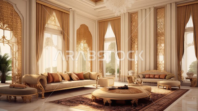 Arab Islamic decorations, living room with modern modern designs, luxurious modern designs, Islamic engineering art, interior living room decor, apartments and villas