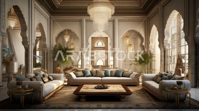Living room with modern modern designs, luxurious modern designs, Islamic geometric art, Arab Islamic motifs, interior living room decor, apartments and villas