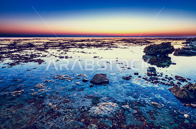Beach of Al-Khobar city in Dammam, Saudi Arabia, natural features of Al-Khobar, marine landscapes in Saudi Arabia, beach rocks, nature background