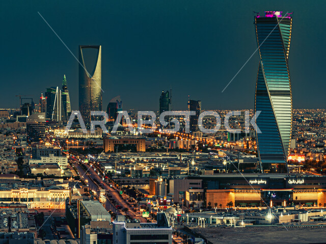 The Majdul Tower in the city of Riyadh in the Kingdom of Saudi Arabia at night, the architectural engineering art, the famous towers and landmarks of Riyadh
