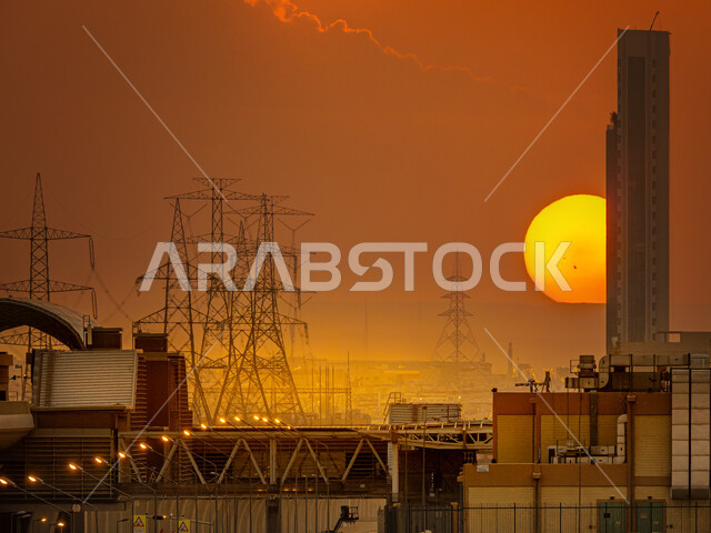 اعمدة الطاقة والتمديدات الكهربائية، الابراج وناطحات السحاب وقت غروب الشمس، التطور العمراني في مدينة الرياض في السعودية، الفن الهندسي المعماري، معالم الرياض