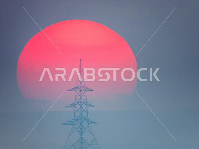 صورة مقربة لعامود الطاقة وقت غروب الشمس، ابراج الطاقة الكهربائية، ابراج واعمدة التمديدات الكهربائية