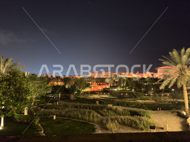 Ancient archaeological buildings, planting plants and palm trees, the historic Diriyah development project, famous archaeological and historical tourist places in Riyadh, the historical Al-Turaif neighborhood in Diriyah in Riyadh in the Kingdom of Saudi A