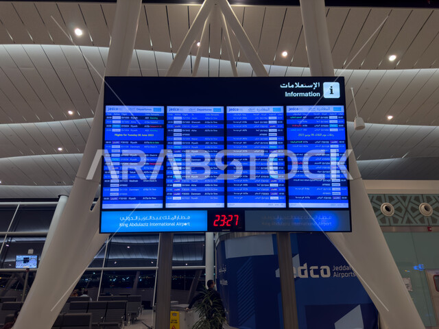 صورة مقربة لشاشة الكترونية ارشادية في مطار جدة الدولي في المملكة العربية السعودية, الفن الهندسي للديكور الداخلي ، رحلات السفر الجويه, تقديم الخدمات الراقيه للمغادرين والقادمين في مطار الملك عبد العزيز في مدينة جده