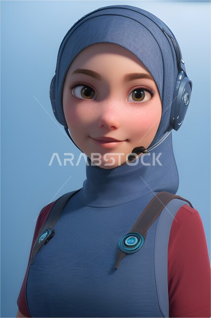 الإجابة و الرد على الاستفسارات و الاستعلامات, استخدام سماعات الرأس والتقنيات المتطورة, رسوم كرتونية ثلاثية الأبعاد لموظفة مسلمه عربية خليجية سعودية تعمل في خدمة العملاء,  التواصل مع الزبائن لحل المشكلات و تعديل البيانات, خلفية زرقاء.