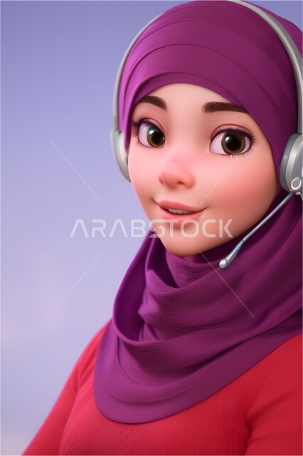 الإجابة و الرد على الاستفسارات و الاستعلامات,  رسوم كرتونية ثلاثية الأبعاد لموظفة مسلمه عربية خليجية سعودية تعمل في خدمة العملاء,   التواصل مع الزبائن لحل المشكلات و تعديل البيانات,استخدام سماعات الرأس والتقنيات المتطورة, خلفية بنفسجية.