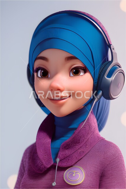 التواصل مع الزبائن لحل المشكلات و تعديل البيانات, الإجابة و الرد على الاستفسارات و الاستعلامات,  رسوم كرتونية ثلاثية الأبعاد لموظفة مسلمه عربية خليجية سعودية تعمل في خدمة العملاء,   استخدام سماعات الرأس والتقنيات المتطورة, خلفية بنفسجية.