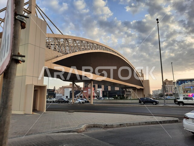 A public asphalt road, roads, streets and landmarks of Jeddah, the pedestrian bridge over Al-Andalus Road in the city of Jeddah in the Kingdom of Saudi Arabia, the car route