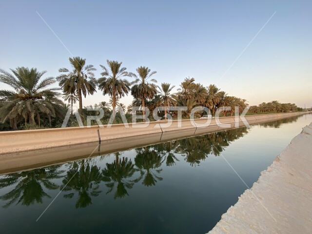 artificial aqueduct In Al-Ahsa in the Kingdom of Saudi Arabia, the flow of water with the beauty of nature in Saudi Arabia, famous natural tourist places, a water stream.