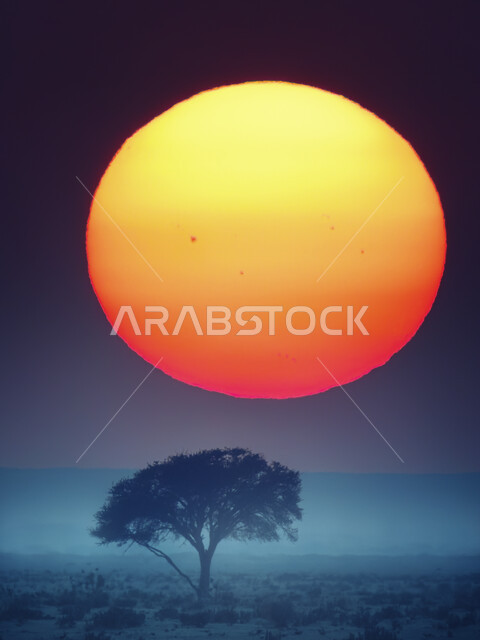 صورة مقربة للشمس في صحراء الرين في الرياض في المملكة العربية السعودية، اشجار ونباتات صحراوية، الطبيعة الصحراوية في السعودية، خلفية الطبيعة