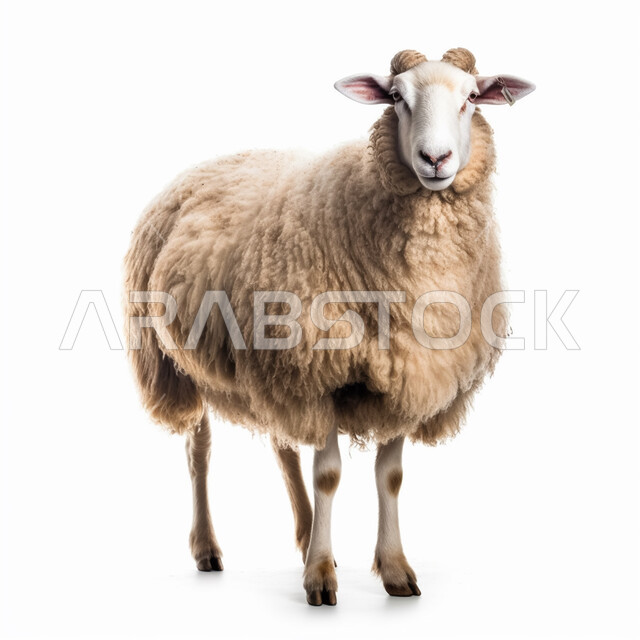 The offering and sacrifice of Eid al-Adha, a close-up portrait of a white sheep, a pet ram, raising livestock and animals in nature reserves in the Kingdom of Saudi Arabia, white background