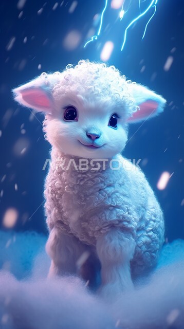 غنم عيد الأضحى المبارك, رسوم بيانية ثلاثية الابعاد لنعجة بيضاء, مجسمات ثلاثية الابعاد لكبش أليف, تربية المواشي والحيوانات في المحميات الطبيعيه, خلفية أضواء النيون الزرقاء 