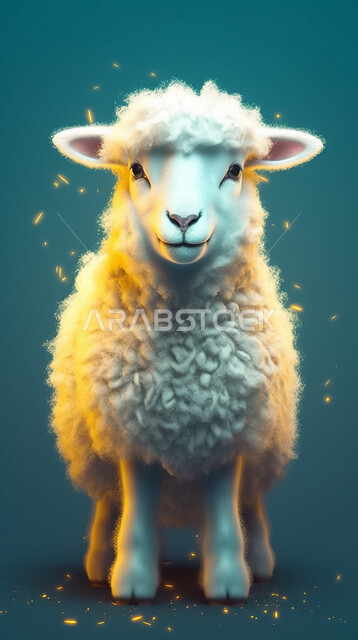 أضحية وقربان عيد الأضحى المبارك, رسوم بيانية ثلاثية الابعاد لنعجة بيضاء, مجسمات ثلاثية الابعاد لكبش أليف, تربية المواشي والحيوانات في المحميات الطبيعيه,لعبة الغنمة البيضاء، خلفية زرقاء