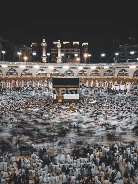 Performing the rituals of Hajj and Umrah, Worship and getting closer to God, Islamic religious landmarks, Hajj season 2023, Muslim pilgrims circumambulate the Kaaba at night in the Grand Mosque in Makkah Al-Mukarramah, Saudi Arabia