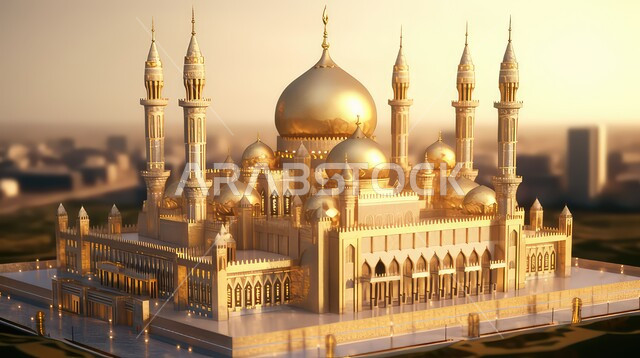 Decorations for holidays and religious occasions, three-dimensional models of golden mosques, may you be blessed with happiness, the advent of the month of goodness, Islam and worship, a background of rich Islamic decorations
