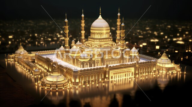 Decorations for holidays and religious occasions, three-dimensional models of golden mosques, may you be blessed with happiness, the advent of the month of goodness, Islam and worship, a background of rich Islamic decorations