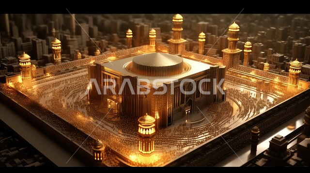 زينه الاعياد والمناسبات الدينية، مجسمات ثلاثية الأبعاد لمساجد مضيئة ذهبية بين الابنية, عساكم من عواده ، قدوم شهر الخير ، اسلاميات و عباده, خلفية زخارف اسلاميه ثري دي
