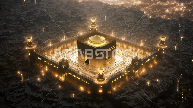 اسلاميات و عباده, زينه الاعياد والمناسبات الدينية، مجسمات ثلاثية الأبعاد لمساجد مضيئة ذهبية بين الابنية, عساكم من عواده ، قدوم شهر الخير ، خلفية زخارف اسلاميه ثري دي