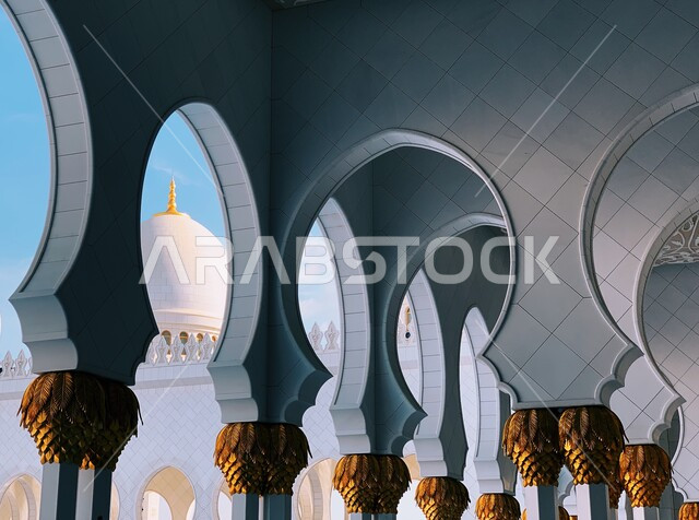 المعالم الاسلامية والدينية في ابو ظبي، صورة مقربة لمسجد الشيخ الزايد (المسجد الكبير) في أبو ظبي في الامارات العربية المتحدة، الفن الهندسي المعماري، العبادة والتقرب الى الله, خلفية اسلامية