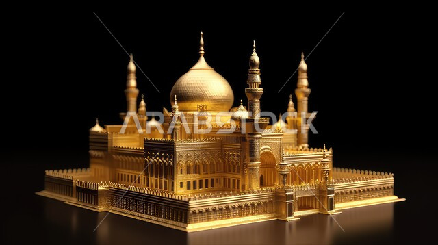 مجسمات ثلاثية الابعاد لقبب ومساجد ذهبية ،زينة الاعياد والمناسبات الدينية، عساكم من عواده ، قدوم شهر الخير ، اسلاميات و عباده, خلفية زخارف اسلاميه ثري دي, خلفية سوداء