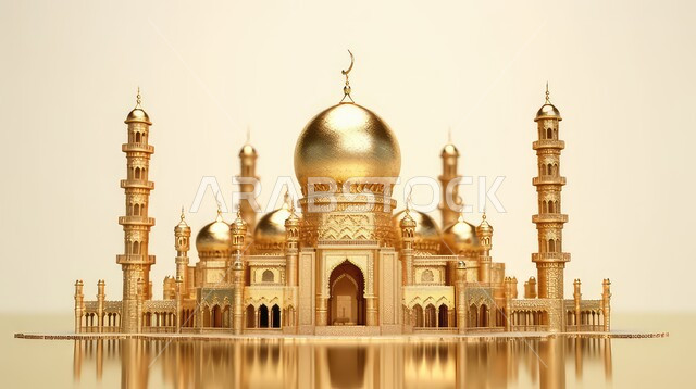 خلفية زخارف اسلاميه ثري دي, مجسمات ثلاثية الابعاد لقبب ومساجد ذهبية ،زينة الاعياد والمناسبات الدينية، عساكم من عواده ، قدوم شهر الخير ، اسلاميات و عباده,  خلفية بيضاء