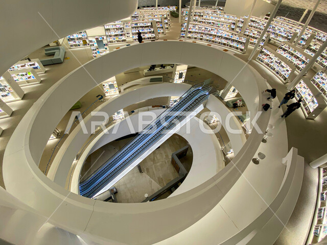 Interior architectural designs, an overhead image from the inside of the Knowledge Enrichment Center in the Dhahran region in the Kingdom of Saudi Arabia, King Abdulaziz Center for World Culture, galleries and libraries, educational cultural places in Sau