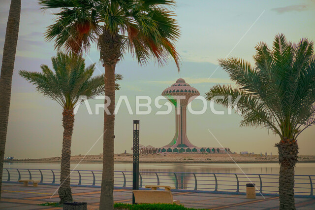 زراعة أشجار النخيل ,الواجهه البحريه على ساحل البحر الأحمر وقت غروب الشمس, برج المياه في مدينة الخبر في المملكة العربية السعودية, الفن الهندسي والمعماري لخزان الماء على كورنيش الخبر, معالم سياحيه مشهوره في مدينة الدمام, خلفية الطبيعه