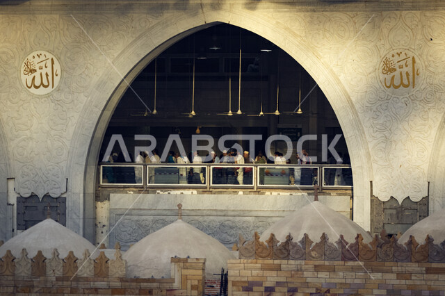Distinguished Islamic engineering and architectural style, close-up of the Holy Mosque of Mecca from the inside, performing Hajj and Umrah rituals in Makkah Al-Mukarramah, praying in the Grand Mosque, Islam and worship, Hajj season 2023.