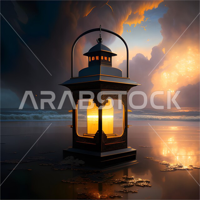 Ramadan decorations and antiques, a metal lamp with creative designs, lights, lighting and decorations for the month of Ramadan, celebrating the advent of the month of Ramadan, a Ramadan atmosphere, a traditional Arab lantern