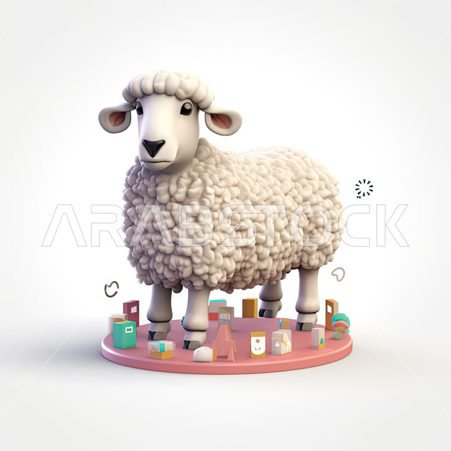 قربان عيد الأضحى،  رسوم بيانية كرتونية ثلاثية الأبعاد لخاروف أبيض لطيف، مسلسلات و أفلام كرتون أطفال، لعبة الغنمة البيضاء، خلفية بيضاء