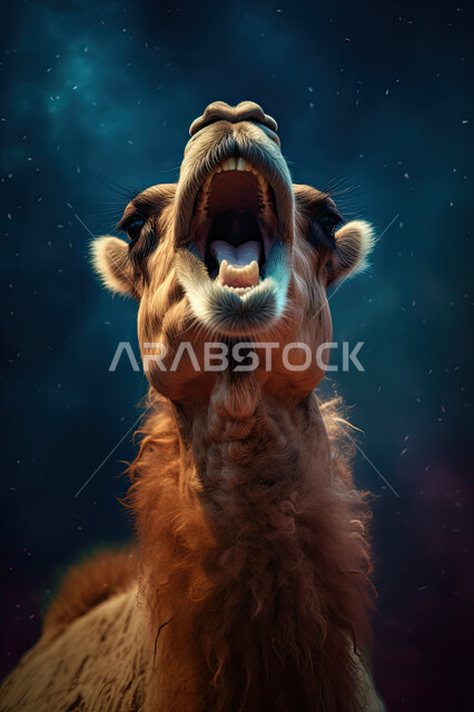 رسوم بيانيه ثري دي لحيوان الابل الثدي الاليف المحمل بالامتعة، مجسم ثلاثي الابعاد لحيوان الجمل، أضحية وقربان عيد الاضحى المبارك، أعياد دينيه إسلاميه ، خلفية صحراء