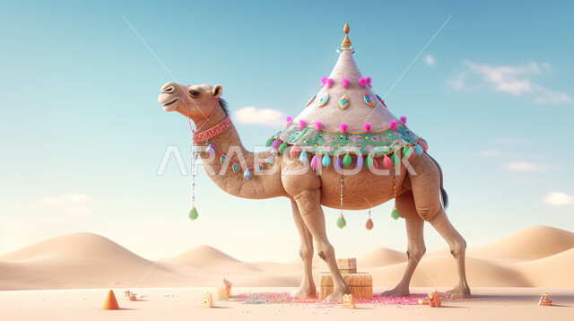 رسوم بيانيه ثري دي لحيوان الابل الثدي الاليف المحمل بالامتعة، مجسم ثلاثي الابعاد لحيوان الجمل، أضحية وقربان عيد الاضحى المبارك، أعياد دينيه إسلاميه ، خلفية صحراء