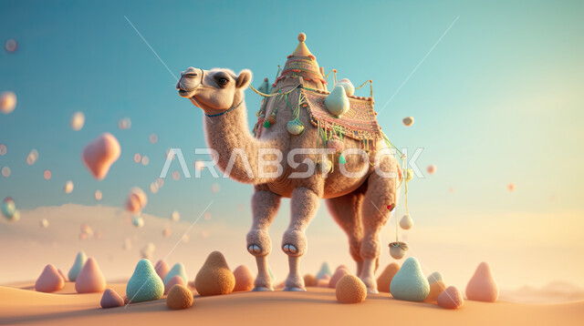 رسوم بيانيه ثري دي لحيوان الابل الثدي الاليف المحمل بالامتعة، مجسم ثلاثي الابعاد لحيوان الجمل، أضحية وقربان عيد الاضحى المبارك، أعياد دينيه إسلاميه ، خلفية صحراء