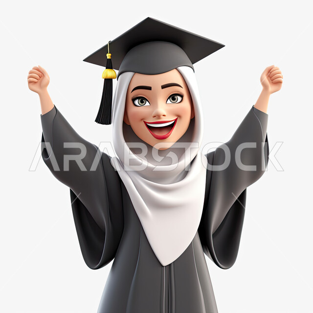 Face and hand gestures indicating joy and happiness, three-dimensional drawings of a veiled young woman wearing a gown and graduation hat, celebration of the end of the school stage, schools and universities in the Kingdom of Saudi Arabia, a white backgro