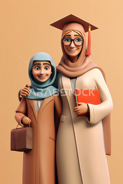 ايماءات وجه تدل على السعادة و الفرح، رسوم ثلاثية الأبعاد لشابة محجبة ترتدي قبعة التخرج برفقة والدتها، مدارس و جامعات المملكة العربية السعودية، خلفية برتقالية  .