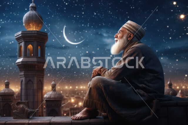 رسوم ثلاثية الأبعاد لرجل مسن يجلس قرب المسجد, اسلاميات و عبادة, التقرب إلى الله بالأعمال الصالحة, ليالي شهر رمضان المبارك, خلفية اسلامية.