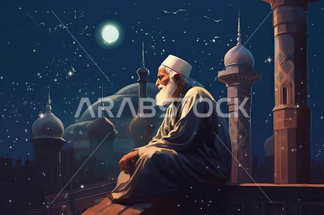 رسوم ثلاثية الأبعاد لرجل مسن يجلس قرب المسجد, اسلاميات و عبادة, التقرب إلى الله بالأعمال الصالحة, ليالي شهر رمضان المبارك, خلفية اسلامية.