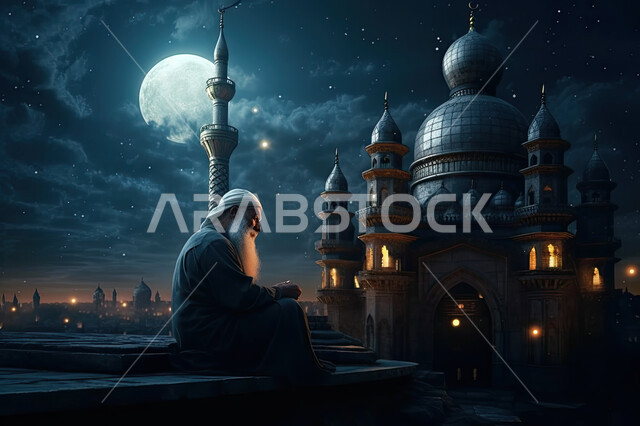 Nights of the holy month of Ramadan, 3D graphics of an elderly man sitting near the mosque, Islam and worship, drawing closer to God with good deeds, an Islamic background.